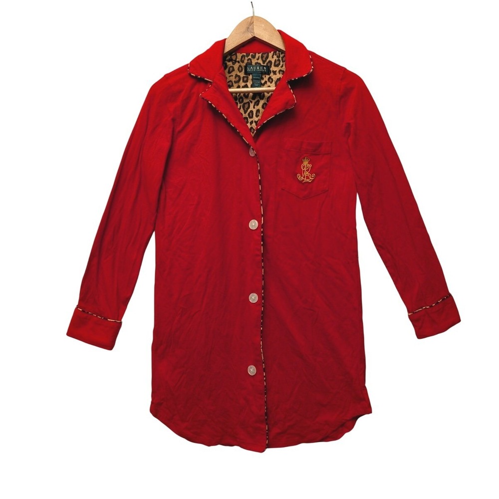 Lauren Ralph Lauren Red‎ Cotton Leopard Trim Button Down Sleep Shirt S 813455